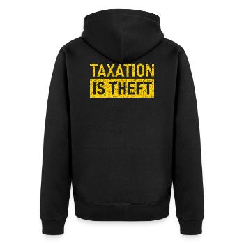 Taxation is Theft, Steuern sind Raub, Liberty - Unisex Premium Bio Zip Hoodie - Schwarz - Hinten - Nico (187cm)