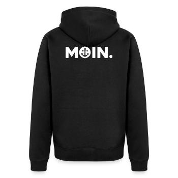 moin. - Unisex Premium Bio Zip Hoodie - Schwarz - Hinten - Nico (187cm)