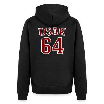 Usak 64 - Unisex Premium Bio Zip Hoodie - Schwarz - Hinten - Nico (187cm)