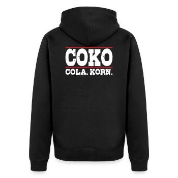 Dorfkinder Cola Korn Lustiger Spruch Geschenk COKO - Unisex Premium Bio Zip Hoodie - Schwarz - Hinten - Nico (187cm)