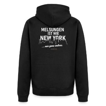 Melsungen ist wie New York - Unisex Premium Bio Zip Hoodie - Schwarz - Hinten - Nico (187cm)