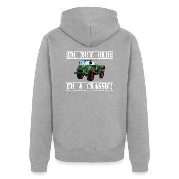 Je ne suis pas vieux - Je suis un classique / Unimog - Veste à capuche bio Premium Unisexe - gris chiné - Dos - Nico (187cm)