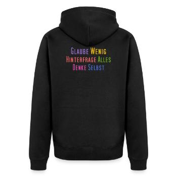Glaube wenig, hinterfrage alles, denke selbst - Unisex Premium Bio Zip Hoodie - Schwarz - Hinten - Nico (187cm)