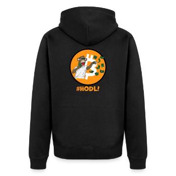 HODL NFT Kryptowährung Bitcoin Blockchain BTC 💸 - Unisex Premium Bio Zip Hoodie - Schwarz - Hinten - Nico (187cm)