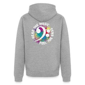 Spüre de Bass. Bassschlüssel - Unisex Premium Bio Zip Hoodie - Grau meliert - Hinten - Nico (187cm)
