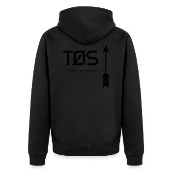Tromsø TOS Norwegen - High Up North - Unisex Premium Bio Zip Hoodie - Schwarz - Hinten - Nico (187cm)