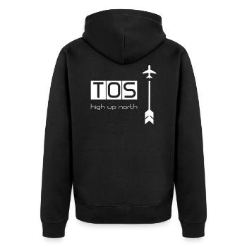 Tromsø TOS Airport // High Up North // Norwegen - Unisex Premium Bio Zip Hoodie - Schwarz - Hinten - Nico (187cm)