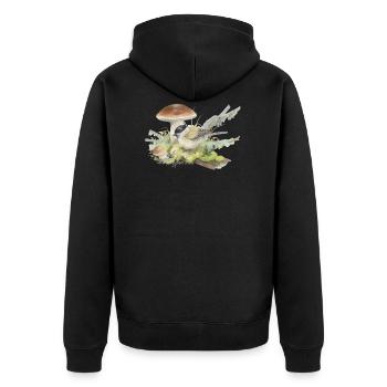Sumpfmeise auf Pilz Waldboden Aquarellzeichnung - Unisex Premium Bio Zip Hoodie - Schwarz - Hinten - Nico (187cm)