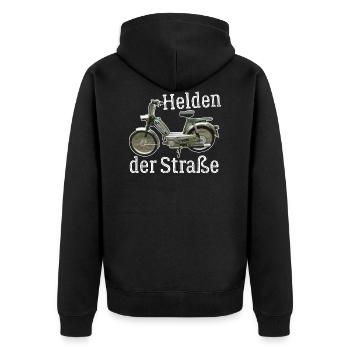 Hercules Prima 5 T-Shirt I 25 Kmh Moped - Unisex Premium Bio Zip Hoodie - Schwarz - Hinten - Nico (187cm)