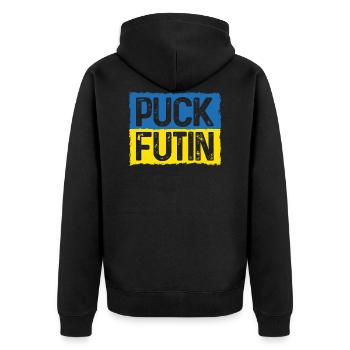 Puck Futin Meme Stand mit der Ukraine - Unisex Premium Bio Zip Hoodie - Schwarz - Hinten - Nico (187cm)