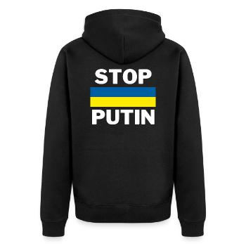 Stop Putin - Unisex Premium Bio Zip Hoodie - Schwarz - Hinten - Nico (187cm)
