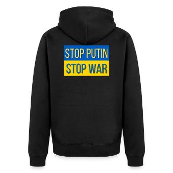 Stop Putin stop war - Unisex Premium Bio Zip Hoodie - Schwarz - Hinten - Nico (187cm)