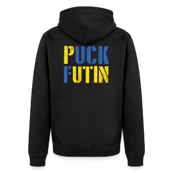 Puck futin Ukraine - Unisex Premium Bio Zip Hoodie - Schwarz - Hinten - Nico (187cm)