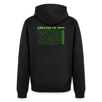 Created to Worship - Unisex Premium Organic Zip Hoodie - black - Back - Nico (187cm)