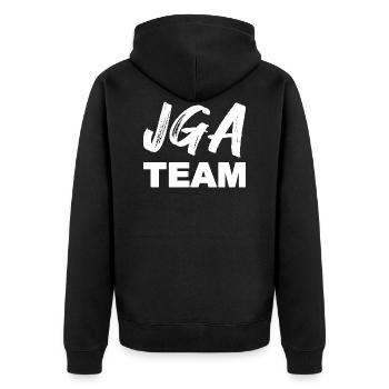 JGA TEAM, weiß - Unisex Premium Bio Zip Hoodie - Schwarz - Hinten - Nico (187cm)