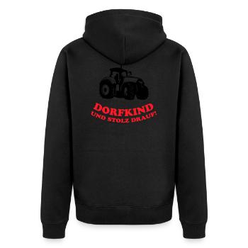 Dorfkind und stolz drauf! - Unisex Premium Bio Zip Hoodie - Schwarz - Hinten - Nico (187cm)