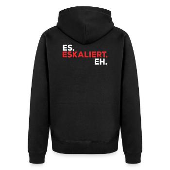 It escalates for techno parties and festivals - Unisex Premium Bio Zip Hoodie - Schwarz - Hinten - Nico (187cm)