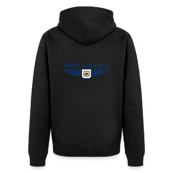 West Virginia Fan Shirt – Natur & Stolz - Unisex Premium Bio Zip Hoodie - Schwarz - Hinten - Nico (187cm)