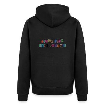Hände hoch – Hosen runter! Freches Collagen-Design - Unisex Premium Bio Zip Hoodie - Schwarz - Hinten - Nico (187cm)