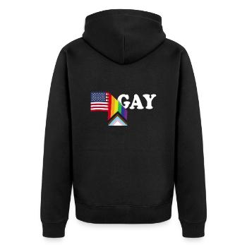 Patriot USA Flagge und LGBT Flagge - Stolzer Verbündeter - Schwul - Unisex Premium Bio Zip Hoodie - Schwarz - Hinten - Nico (187cm)