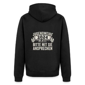 Jugendweihe 2024 Ab Jetzt Bitte Mit Sie Ansprechen - Unisex Premium Bio Zip Hoodie - Schwarz - Hinten - Nico (187cm)