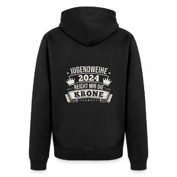 Jugendweihe 2024 Reicht Mir Die Krone - Unisex Premium Bio Zip Hoodie - Schwarz - Hinten - Nico (187cm)