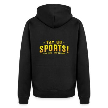 Nicht-Sport-Fan Go Sports Yay Sports - Unisex Premium Bio Zip Hoodie - Schwarz - Hinten - Nico (187cm)