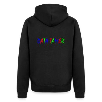 Data Tamer – Typographie colorée en bleu, rouge, vert - Veste à capuche bio Premium Unisexe - noir - Dos - Nico (187cm)