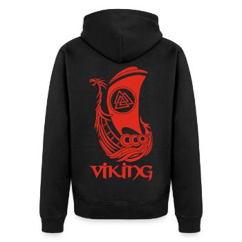 Wikingersymbol eines roten Drakkar - Unisex Premium Bio Zip Hoodie - Schwarz - Hinten - Nico (187cm)