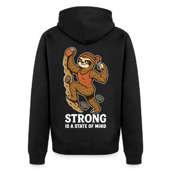 Strong Is a State of Mind – Boulder Faultier Frau - Unisex Premium Bio Zip Hoodie - Schwarz - Hinten - Nico (187cm)
