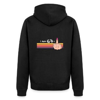 Ich bin 67 + 1 Mittelfinger-Shirt Ich bin 67 plus, - Unisex Premium Bio Zip Hoodie - Schwarz - Hinten - Nico (187cm)