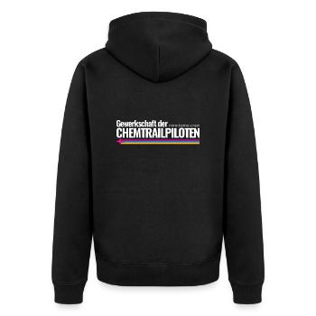 Mimikama Crew Gewerkschaft der Chemtrailpiloten - Unisex Premium Bio Zip Hoodie - Schwarz - Hinten - Nico (187cm)