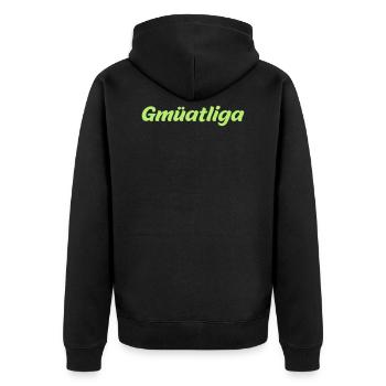 Gmüatliga (österreichischer Dialekt) - Unisex Premium Bio Zip Hoodie - Schwarz - Hinten - Nico (187cm)