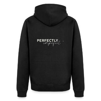 perfectly imperfect Schriftzug hell - Unisex Premium Bio Zip Hoodie - Schwarz - Hinten - Nico (187cm)