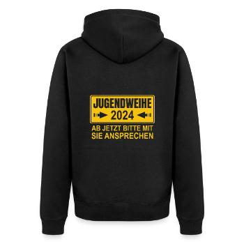 Jugendweihe 2024 Ab Jetzt Bitte Mit Sie Ansprechen - Unisex Premium Bio Zip Hoodie - Schwarz - Hinten - Nico (187cm)