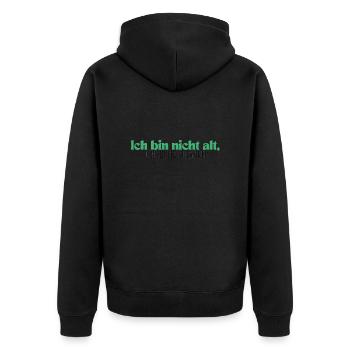 Ich bin nicht alt, ich bin ein Klassiker - Unisex Premium Bio Zip Hoodie - Schwarz - Hinten - Nico (187cm)