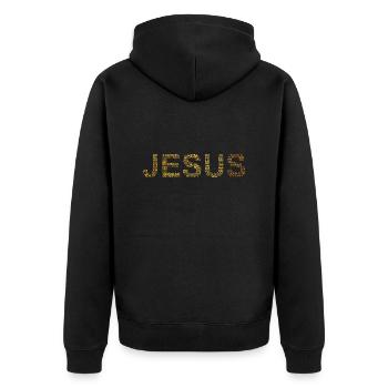 Jesus Golden - Unisex Premium Bio Zip Hoodie - Schwarz - Hinten - Nico (187cm)