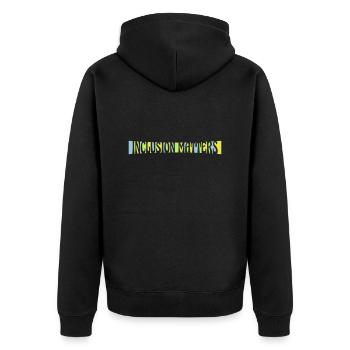 inclusion matters Logo Zitat - Unisex Premium Bio Zip Hoodie - Schwarz - Hinten - Nico (187cm)
