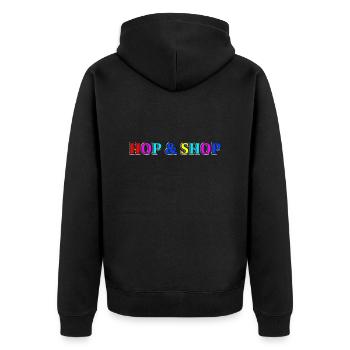 Hüpfen und Einkaufen - Unisex Premium Bio Zip Hoodie - Schwarz - Hinten - Nico (187cm)