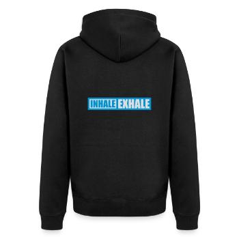 inhale exhale yoga Zitat - Unisex Premium Bio Zip Hoodie - Schwarz - Hinten - Nico (187cm)