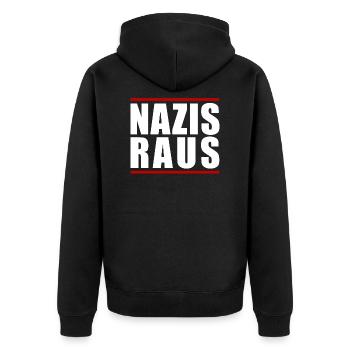NAZIS RAUS - Unisex Premium Bio Zip Hoodie - Schwarz - Hinten - Nico (187cm)