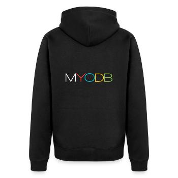 Myodb colorful Text - Unisex Premium Bio Zip Hoodie - Schwarz - Hinten - Nico (187cm)
