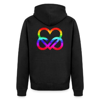 LGBTQ Regenbogenherz Unendlichkeit Infinity Heart - Unisex Premium Bio Zip Hoodie - Schwarz - Hinten - Nico (187cm)