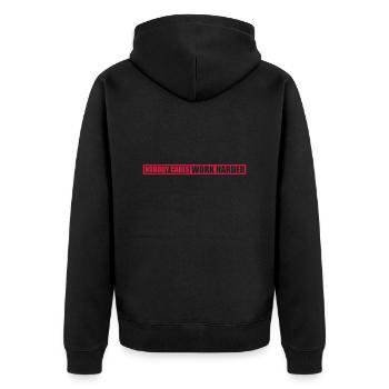 nobody cares work harder - Unisex Premium Organic Zip Hoodie - black - Back - Nico (187cm)