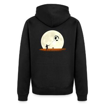 Boy on meadow pulls earth in front of moon - Unisex Premium Organic Zip Hoodie - black - Back - Nico (187cm)