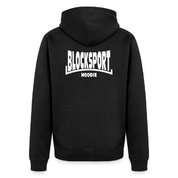 Blocksport Hoodie Ultras Hooligans 1312 Fussball - Unisex Premium Bio Zip Hoodie - Schwarz - Hinten - Nico (187cm)