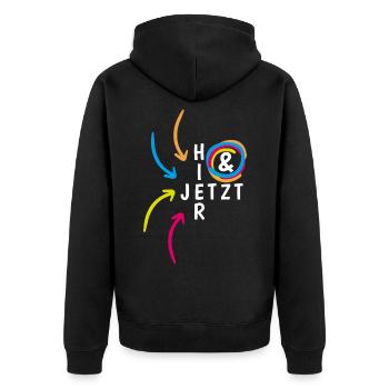 "Hier & Jetzt" Achtsamkeit Mental Health - Unisex Premium Bio Zip Hoodie - Schwarz - Hinten - Nico (187cm)