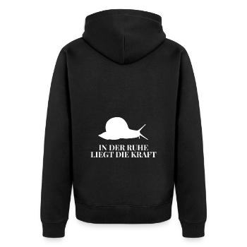 In der Ruhe Liegt Die Kraft - Schnecke Spruch - Unisex Premium Bio Zip Hoodie - Schwarz - Hinten - Nico (187cm)