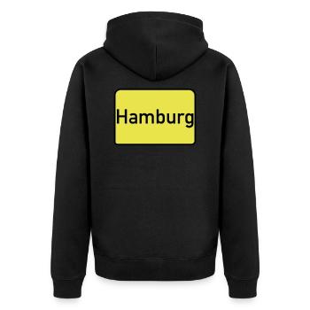 Ortsschild Hamburg - Unisex Premium Bio Zip Hoodie - Schwarz - Hinten - Nico (187cm)