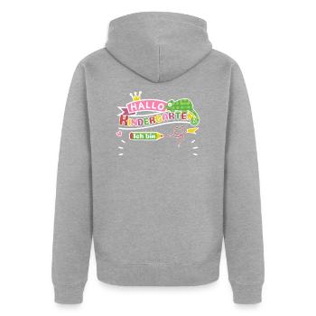 Hallo Kindergarten Chamäleon zum Personalisieren - Unisex Premium Bio Zip Hoodie - Grau meliert - Hinten - Nico (187cm)